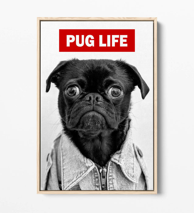 PUG LIFE -FLOAT EFFECT CANVAS WALL ART PIC PRINT GRAFFITI- BLACK & WHITE