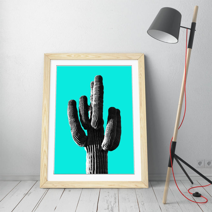 TRENDY B&W CACTUS POP ART CYAN -ART FRAMED POSTER PICTURE PRINT ARTWORK