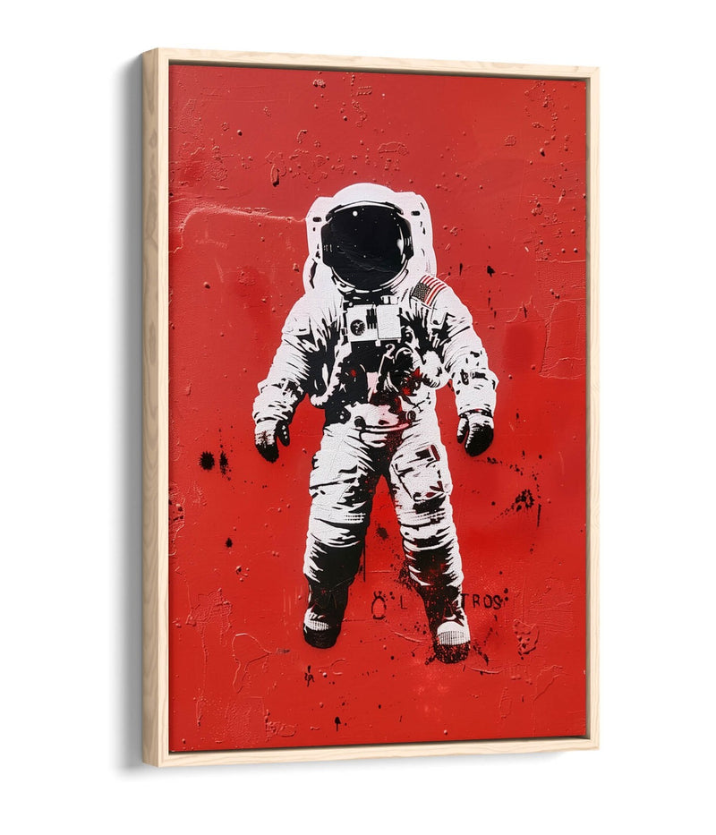 Astronaut Stencil Canvas – Graffiti Style Art with Red Background Print & Float Effect Frame