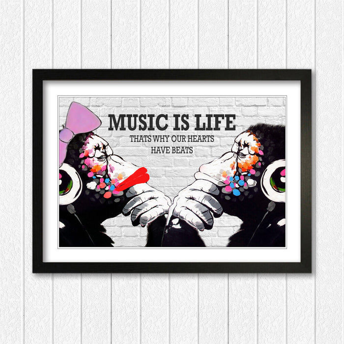 MONKEY DJ BANKSY MUSIC IS LIFE STREET WALL FRAMED ART PRINT ARTWORK 4 SIZES