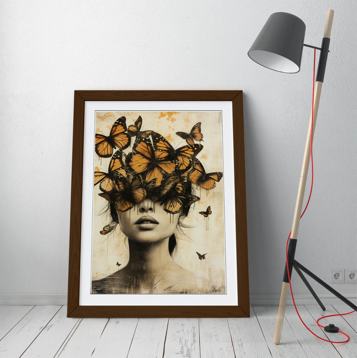 Framed Wall Art Poster – Woman Butterfly Portrait Print with Natural Wood Frame