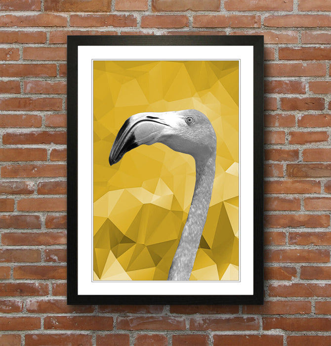 Framed Poster Wall Art – Flamingo Black White Yellow Mustard Geometric Print