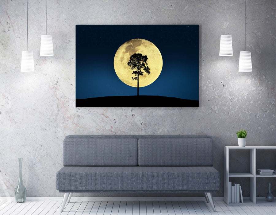Canvas Wall Art – Tree Silhouette Print With Big Moon Blue Night Sky