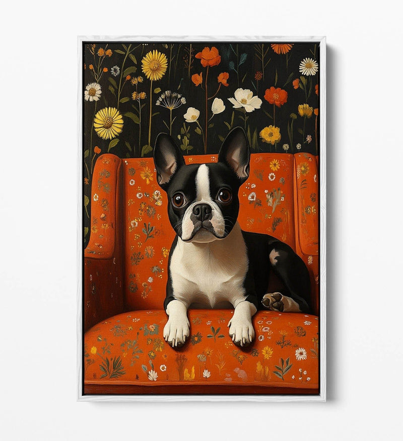 Floral Canvas Wall Art - Cute French Bulldog Print | Float Effect Canvas, Vibrant Color Artwork
