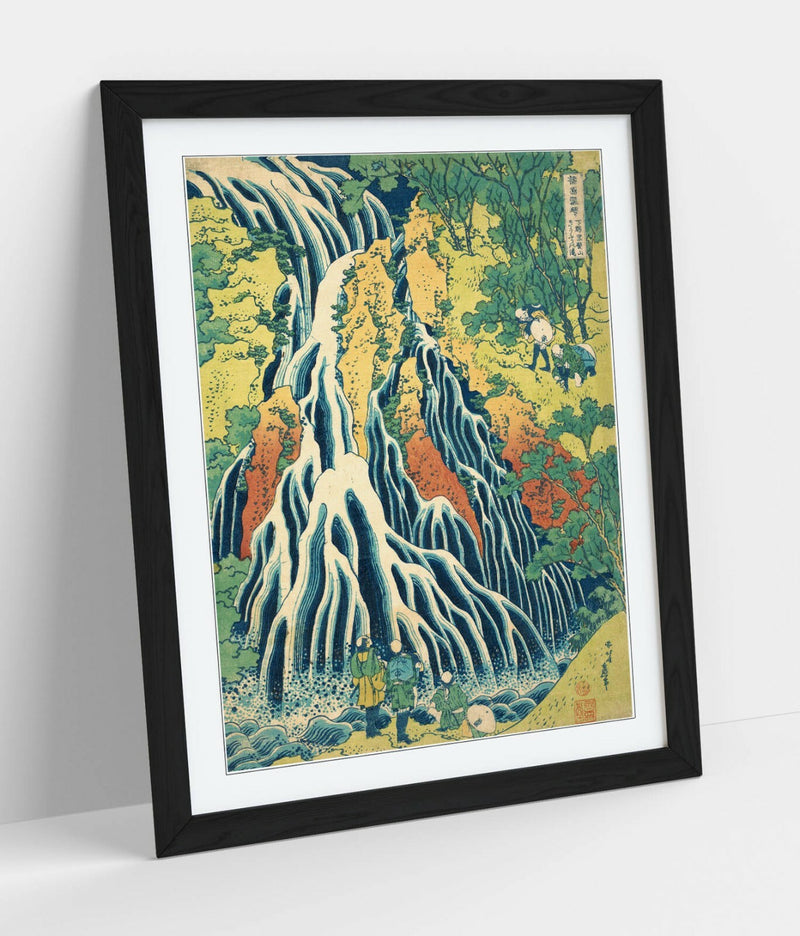 Framed Art Poster - Hokusai Waterfall Print Blue Yellow | Handmade Wall Art Prints