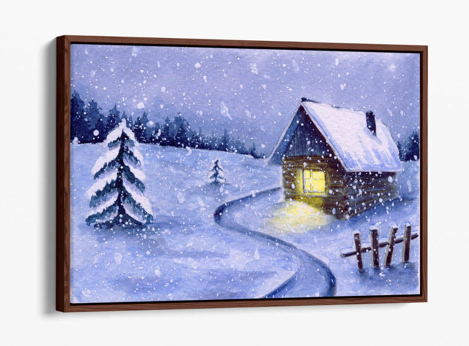 Canvas Wall Art Print – Watercolour Cabin Winter Snow Illustration on Float Effect Canvas