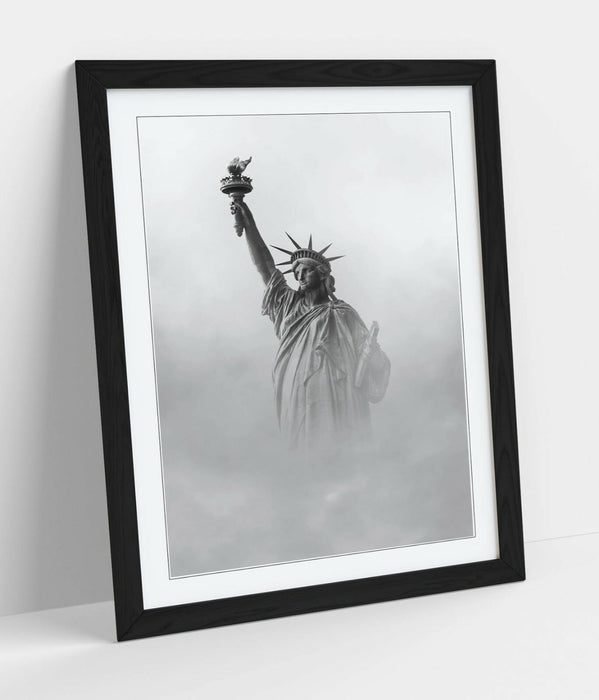 Framed Wall Art - Liberty Statue Print With Cloud Photography - Handmade Woodgrain Frame