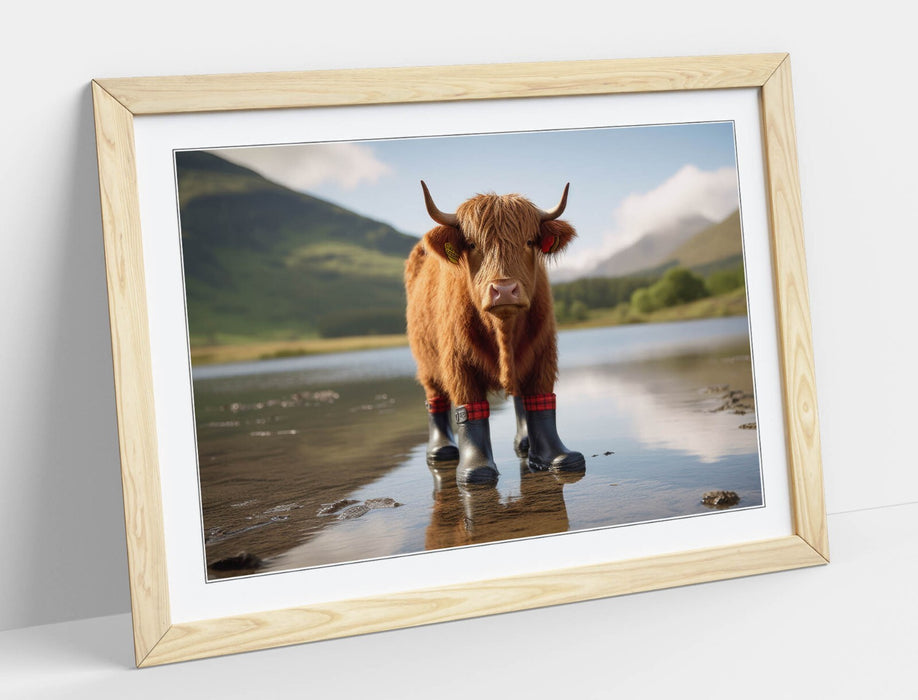 Highland Cow Wall Art - Framed Funny Animal Poster with Welly Boots Decor