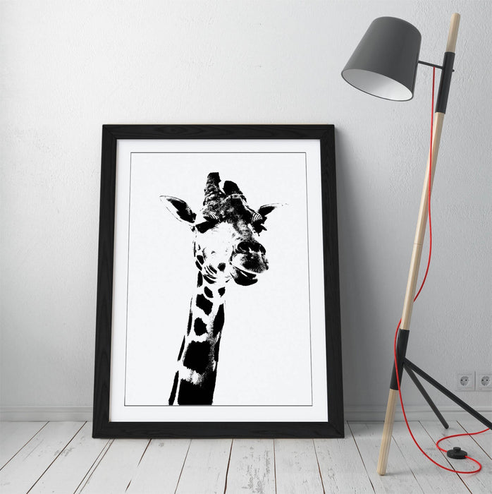 GIRAFFE, BLACK AND WHITE ANIMAL STENCIL STYLE -WALL ART PRINT POSTER ARTWORK