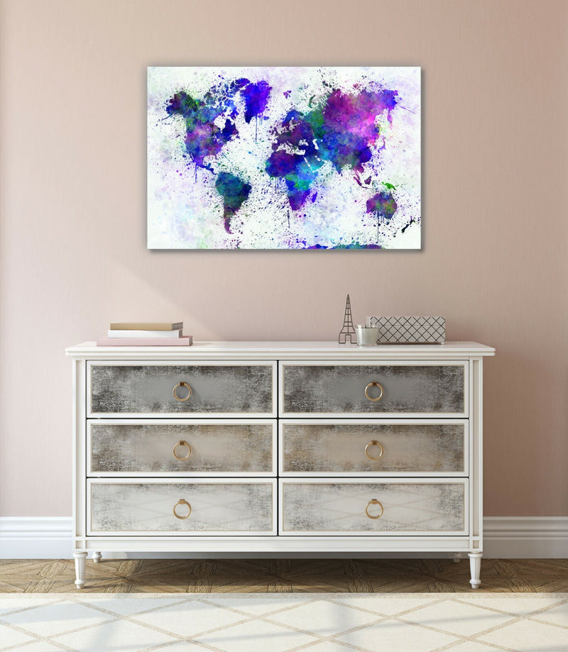 Blue Abstract World Map Canvas Wall Art - 30mm Deep Paint Splatter Artwork