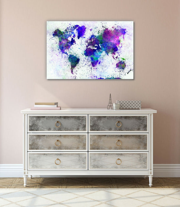 Blue Abstract World Map Canvas Wall Art - 30mm Deep Paint Splatter Artwork