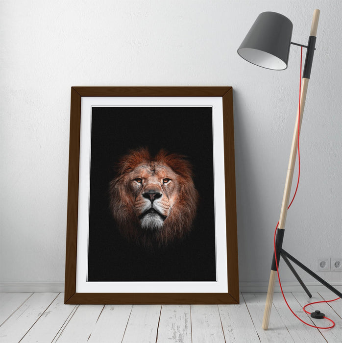 Lion Head Wall Art – Framed Darkness Photography Print with Faux Wood Frame