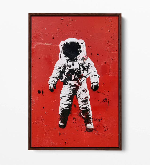 Astronaut Stencil Canvas – Graffiti Style Art with Red Background Print & Float Effect Frame