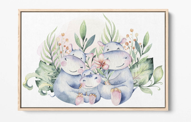 Watercolour Hippo Canvas - Cute Hippo Family Float Effect Canvas Wall Art
