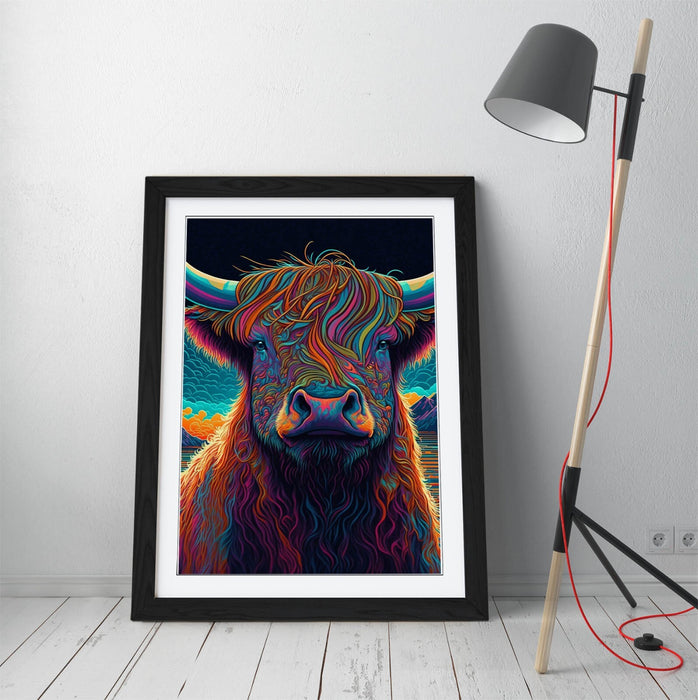 Highland Cow Wall Art – Framed Vibrant Animal Poster With Natural Wood Frame