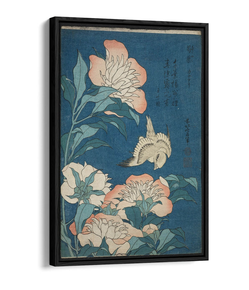 Canvas Wall Art - Hokusai Japanese Print With Peonies & Canary Float Frame