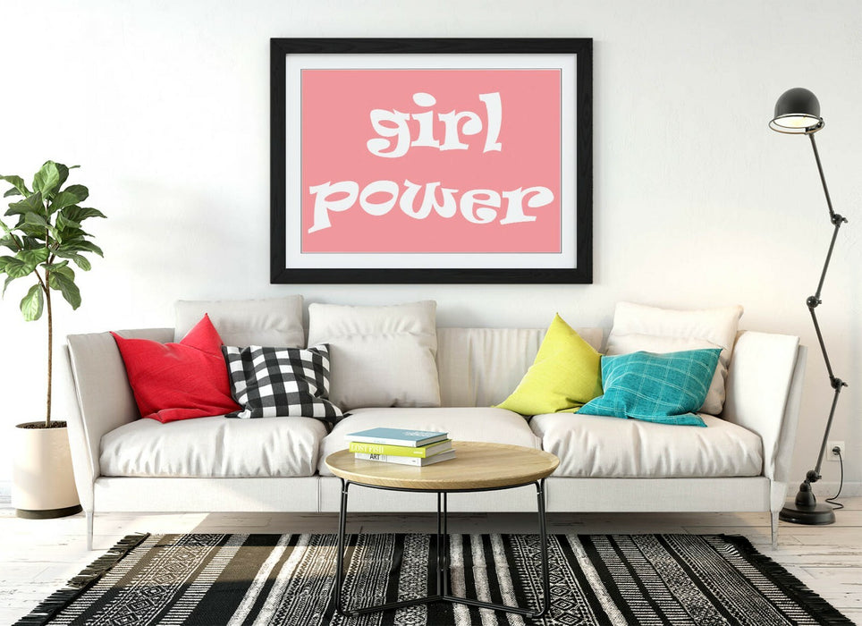 "GIRL POWER" GROOVY FEMINIST QUOTE 2 -FRAMED WALL ART PICTURE PRINT- PINK WHITE