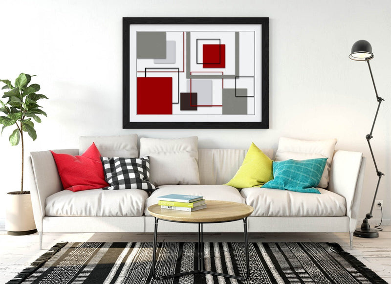 Abstract Bedroom Wall Art – Framed Art Print With Red Grey Artwork & Wood Grain Frame