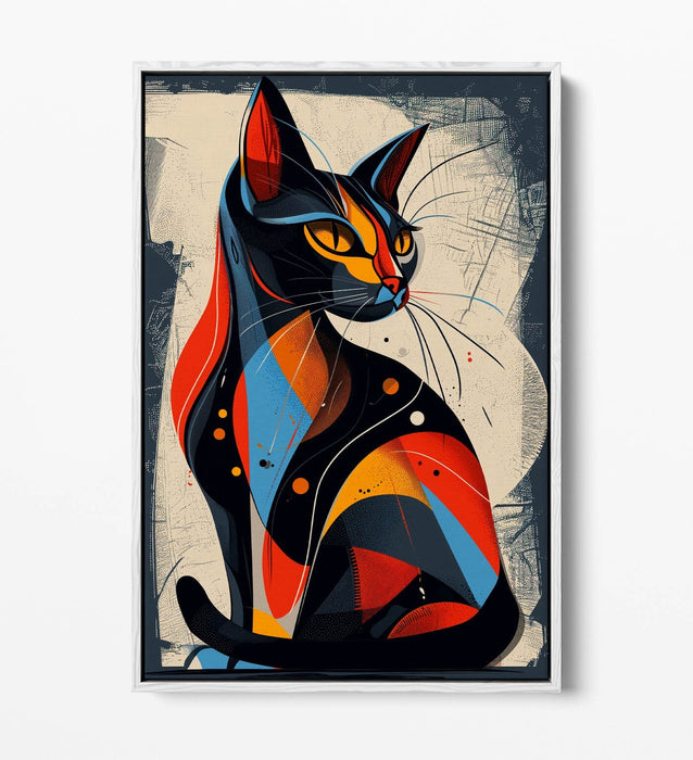 Float Effect Canvas Art - Blue Red Abstract Cat Print | Premium Varnish Finish