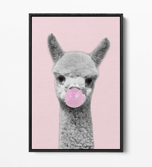 ALPACA BLACK WHITE BABY PINK BUBBLEGUM FLOAT EFFECT CANVAS WALL ART PIC PRINT