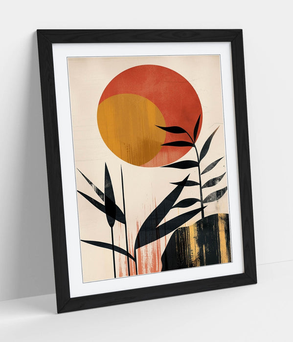 Boho Minimalist Wall Art – Framed Sun And Plants Poster | Handmade UK Decor