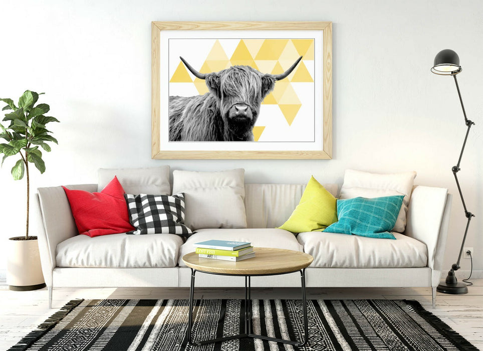 HIGHLAND COW YELLOW SPARSE GEOMETRIC -ART FRAMED POSTER PICTURE PRINT ARTWORK-