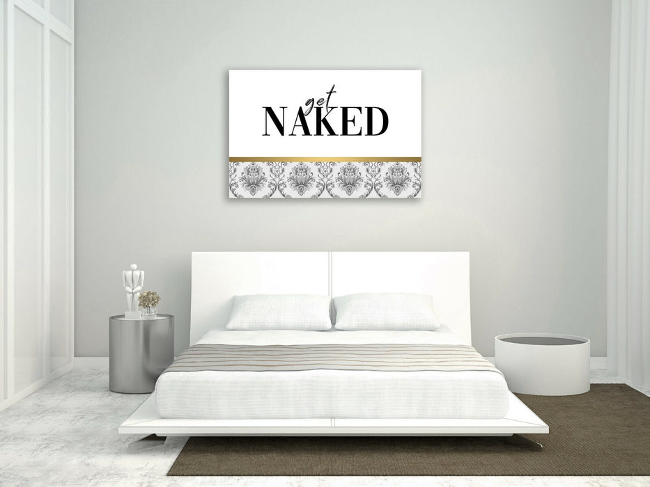 Canvas Wall Art - Get Naked Quote Print | Modern Damask Gold Accent Bedroom Decor