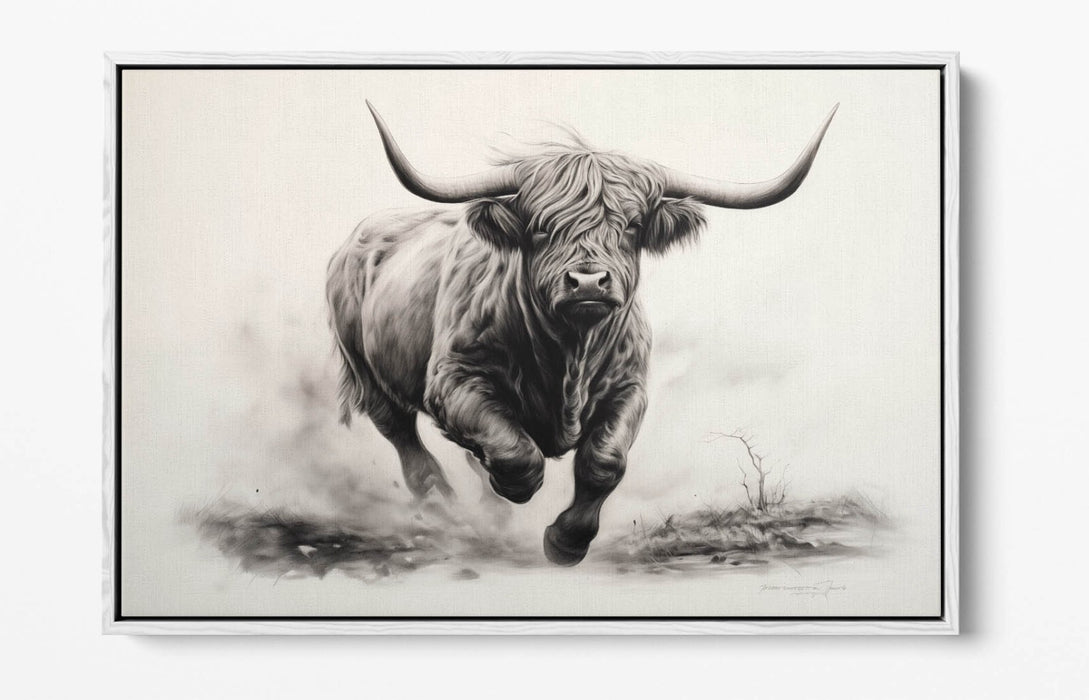 Highland Cow Canvas – Charcoal Sketch Print On Float Effect Canvas Wall Art