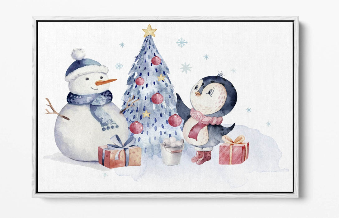 Christmas Canvas Wall Art – Watercolour Penguin & Snowman Float Effect Print