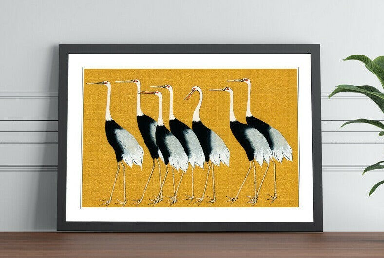 Framed Wall Art - Japanese Art Print With Mustard Crane Poster | Quality Wood Frame