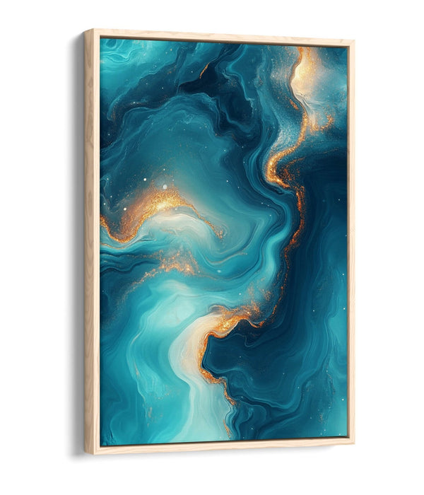 Abstract Canvas Wall Art – Blue Gold Sea Water Painting With Float Effect Frame