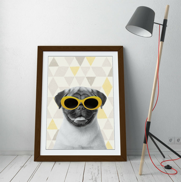 PUG SUNGLASSES YELLOW GREY -ART FRAMED POSTER PICTURE PRINT ARTWORK- WHITEBLUE