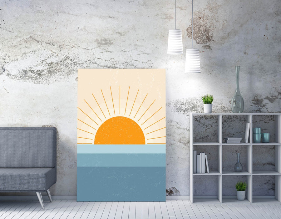 Minimalist Bedroom Canvas - Orange Sunset Print | Blue Sea Wall Art, Ready To Hang