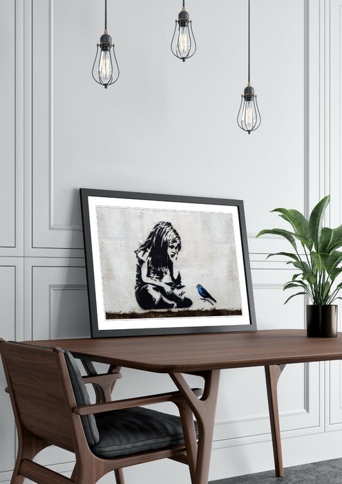 LITTLE GIRL BLUE BIRD FRAMED STREET ART POSTER PICTURE PRINT 4 SIZE BANKSY STYLE