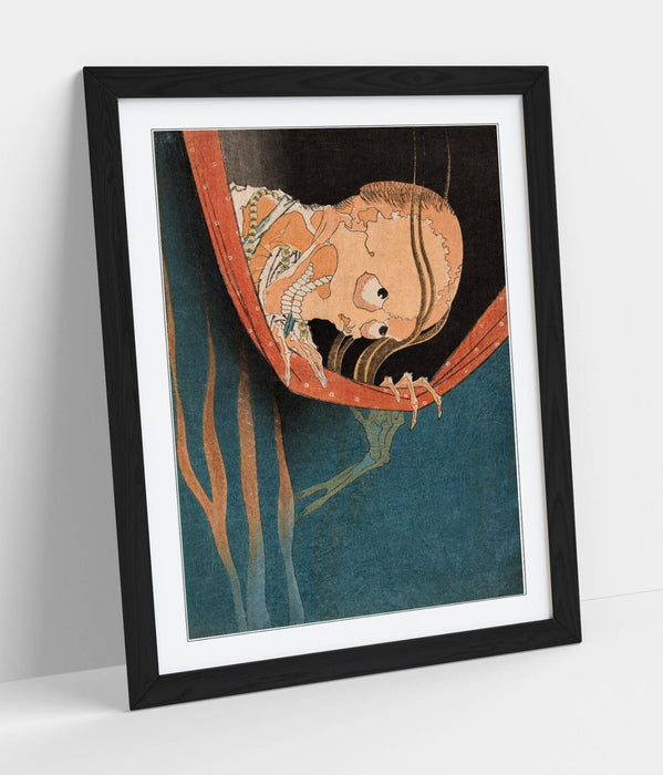 Framed Wall Art Featuring Katsushika Hokusai Ghost of Kohada Koeji Poster Print – Handmade Wood Grain Frame