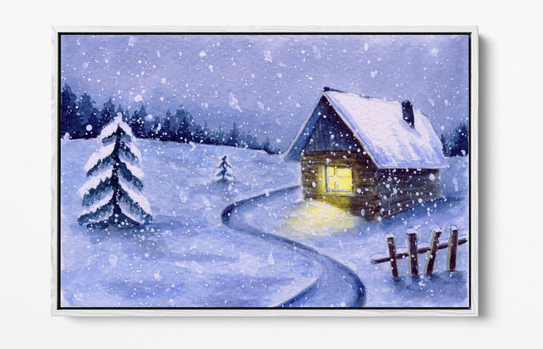 Canvas Wall Art Print – Watercolour Cabin Winter Snow Illustration on Float Effect Canvas