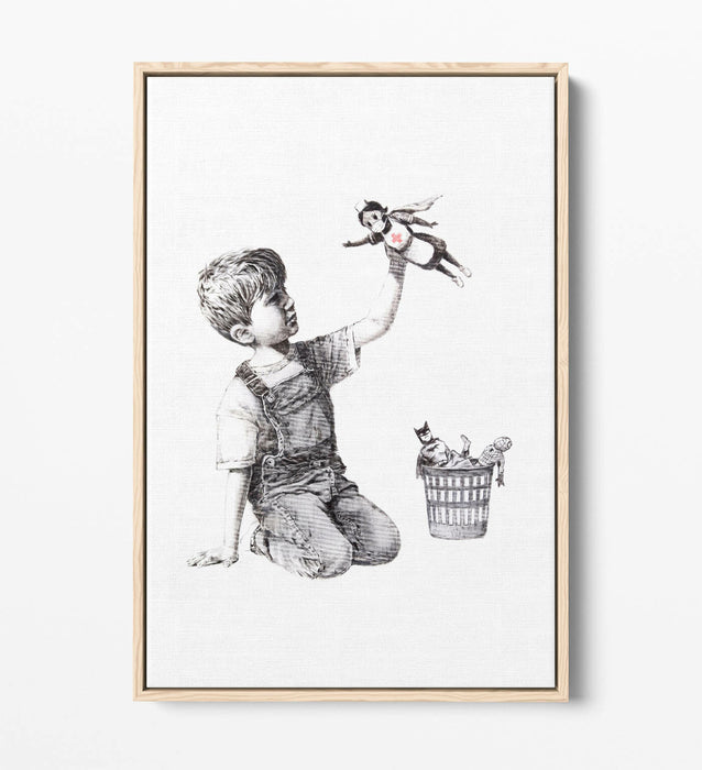 BANKSY SUPER HERO NURSE -FLOAT EFFECT CANVAS WALL ART PIC PRINT- GREY
