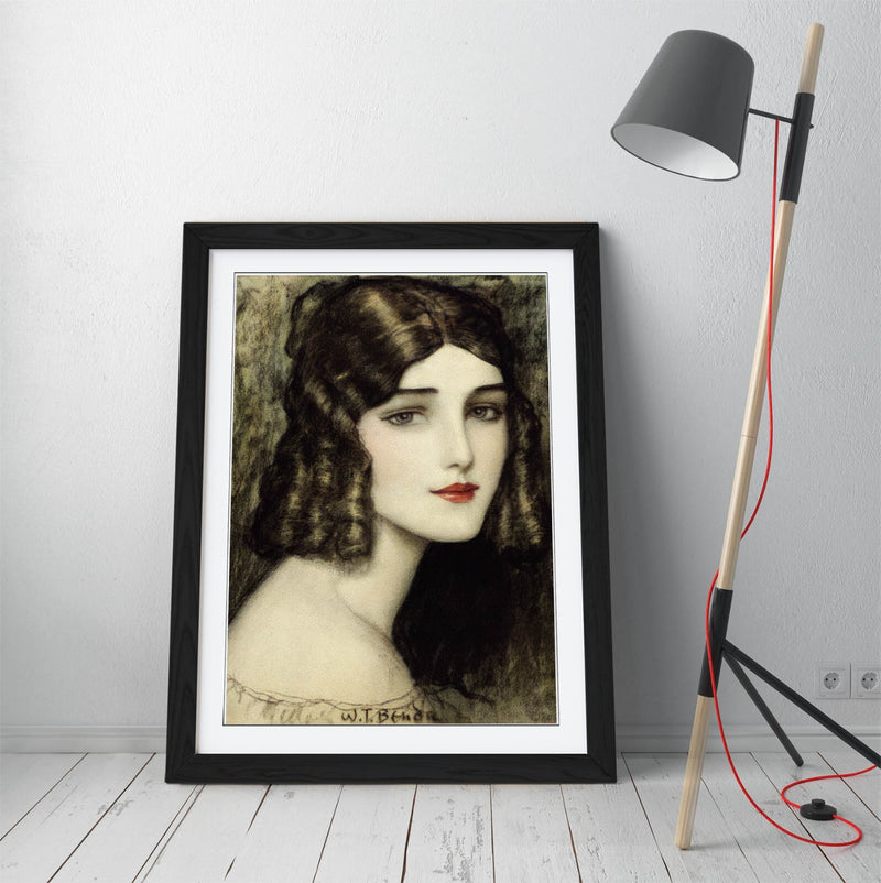 Framed Wall Art Poster - 'Girl's head with curls, Wladyslaw Theodore Benda' Matte Paper, Wood Grain Frame