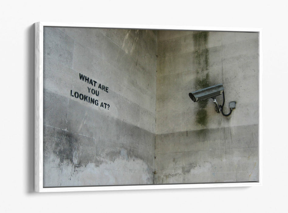 BANKSY WHAT ARE YOU LOOKING AT -FLOAT EFFECT CANVAS WALL ART PIC PRINT- BEIGE