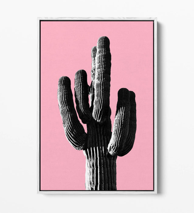 TRENDY B&W CACTUS POP ART PINK-FLOAT EFFECT CANVAS WALL ART PRINT