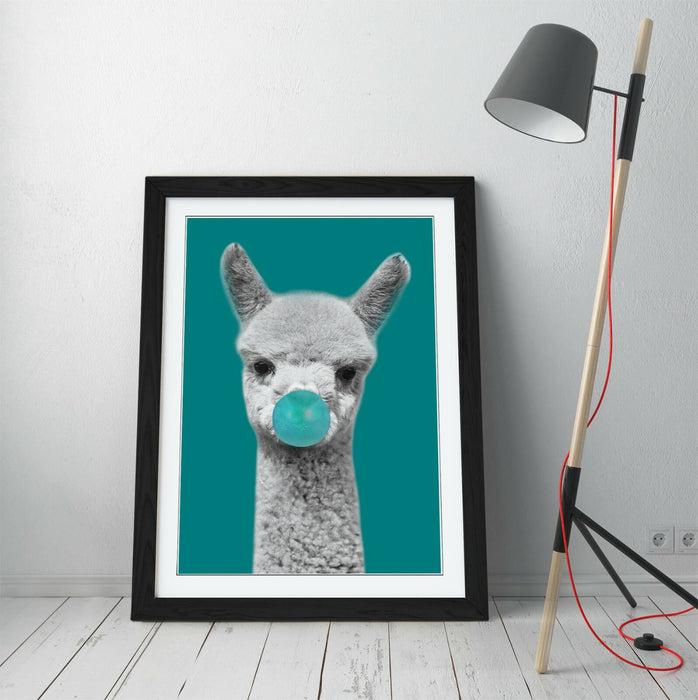 ALPACA BLACK WHITE TEAL BUBBLEGUM -FRAMED ART POSTER PICTURE PRINT ARTWORK