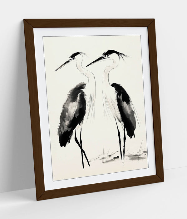 Framed Wall Art | Two Heron Birds Oriental Ink Style Poster Print - Handmade Decor