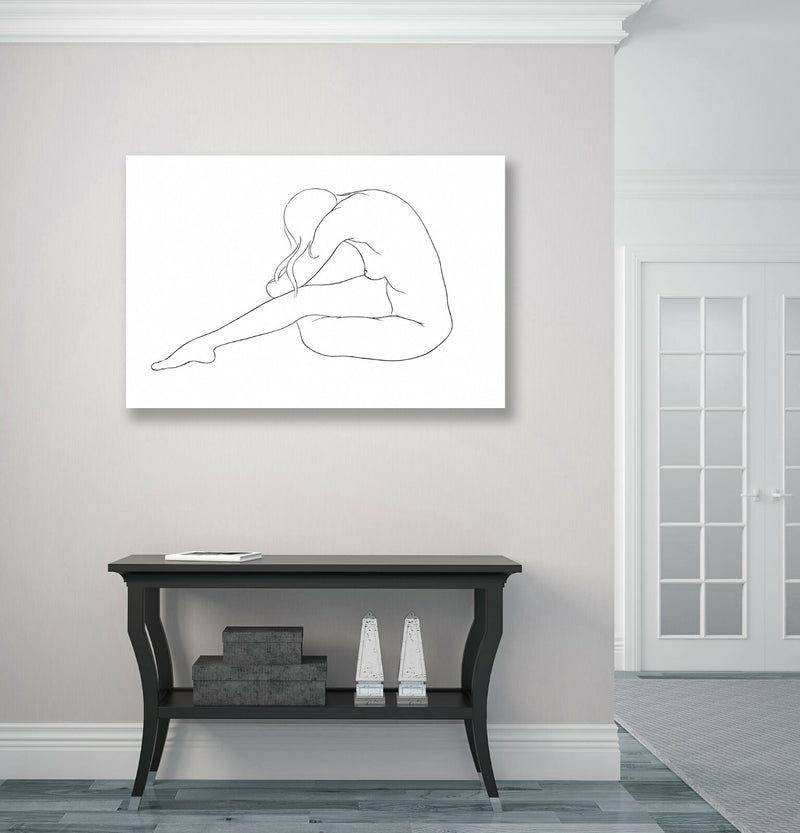 Canvas Wall Art - Black and White Nude Woman Line Drawing Artwork on Premium Canvas