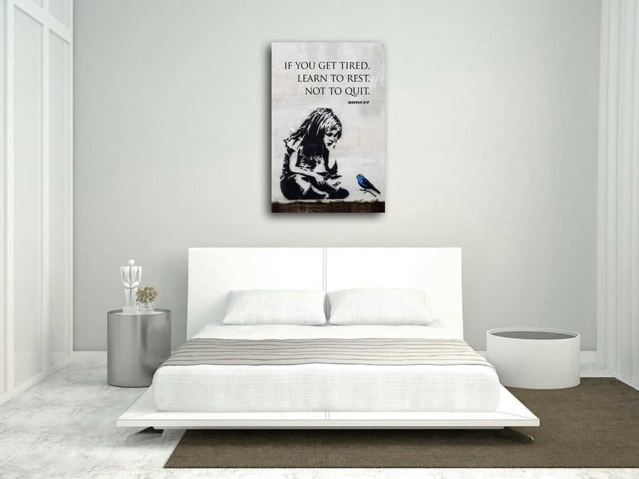 BANKSY GIRL BLUE BIRD QUOTE LEARN TO REST CANVAS WALL ART PRINT GRAFFITI PORT