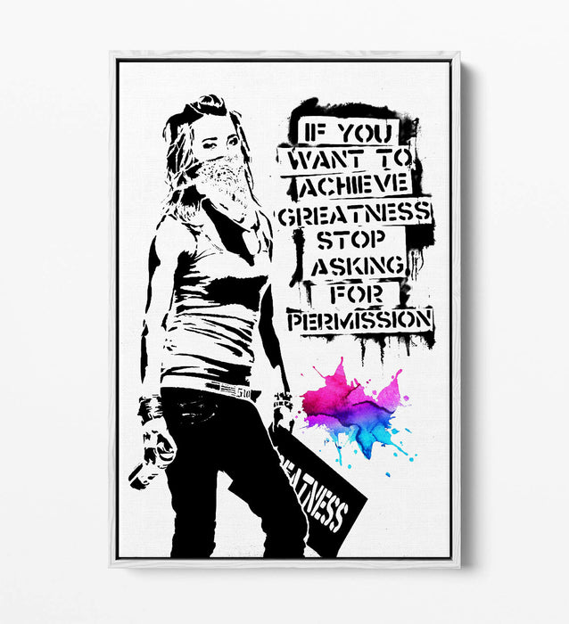 BANKSY ACHIEVE GREATNESS -FLOAT EFFECT CANVAS WALL ART PIC PRINT GRAFFITI- BLACK