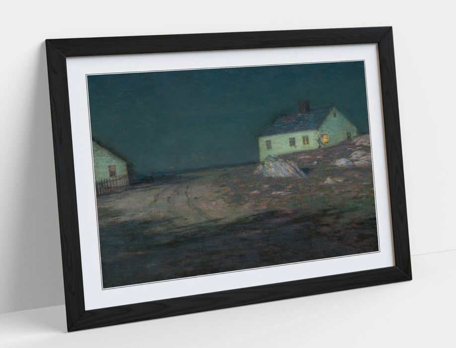Framed Art Poster – Harbor Light Painting on Matte Paper Print with Natural Wood Frame