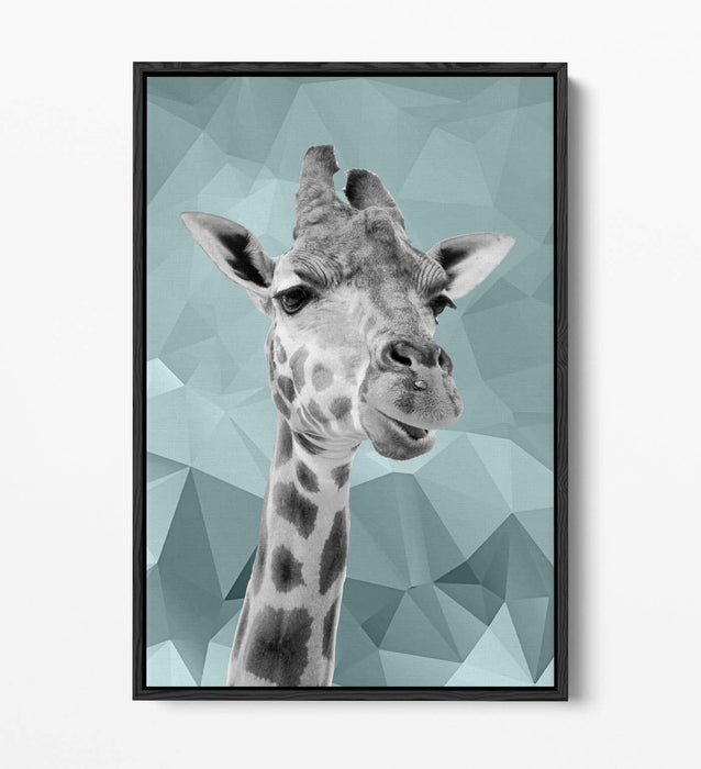 DUCK EGG BLUE GIRAFFE GEO -FLOAT EFFECT CANVAS WALL ART PIC PRINT- BLACK & WHITE