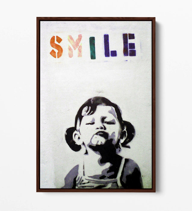 BANKSY SMILE -FLOAT EFFECT CANVAS WALL ART PIC PRINT- BLACK & WHITE