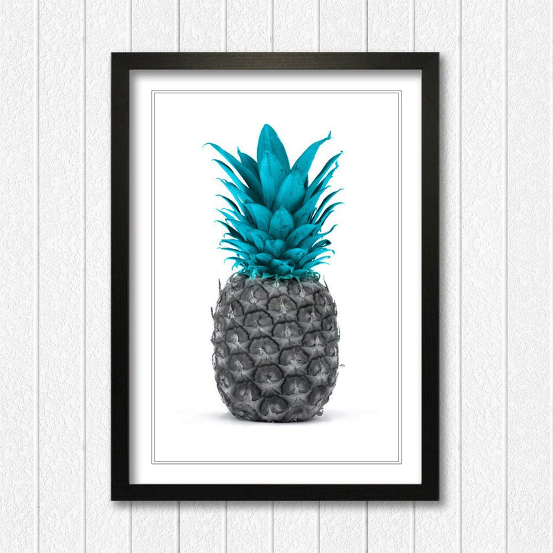 Framed Pineapple Poster – Teal Blue Wall Art With Wood Grain Frame & Good Fortune Decor