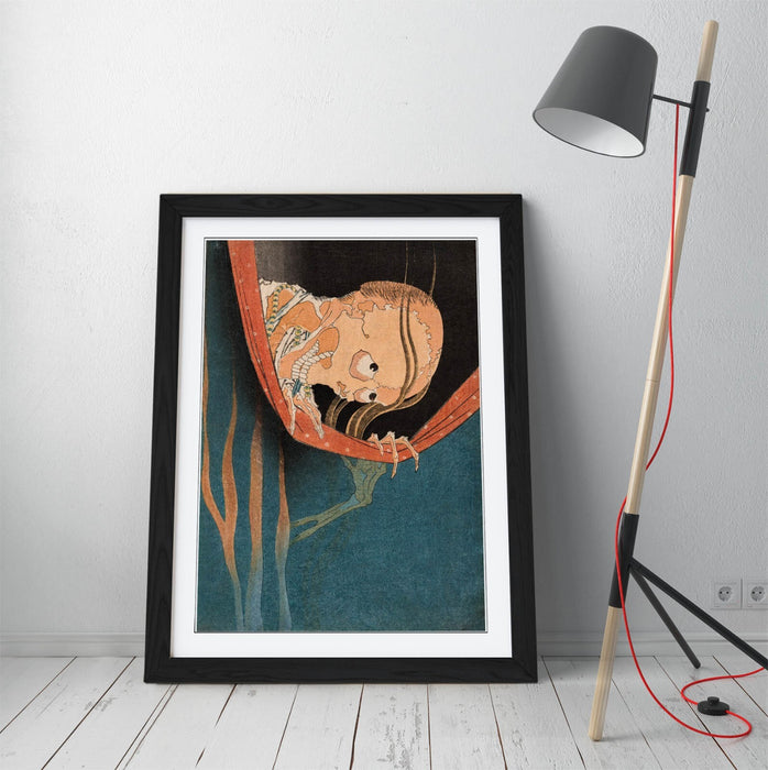 Framed Wall Art Featuring Katsushika Hokusai Ghost of Kohada Koeji Poster Print – Handmade Wood Grain Frame